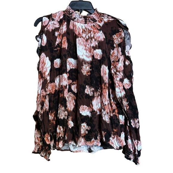 Maurices Top Large Multicolor Abstract Boho Mock Neck Cold Shoulder Ruffles - Picture 1 of 8